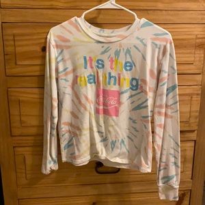 Coca-Cola long sleeve shirt. Tie die colors are pastel blue,pink, and yellow.